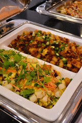 luxury buffet party dining catering with decoration in asian fusion halal menu at beautiful hotel restaurant vip ballroom lounge