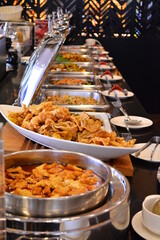 luxury buffet party dining catering with decoration in asian fusion halal menu at beautiful hotel restaurant vip ballroom lounge