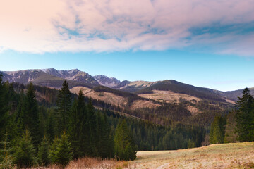 Slovak mountains with sunset light on the clouds in Liptov region. Low Tatras, Slovakia.