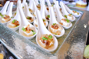 luxury buffet party dining catering with decoration in asian fusion halal canapés butler menu at beautiful hotel restaurant vip ballroom lounge