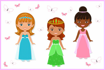 Set of cute princesses in beautiful dresses. Flat cartoon style. Vector illustration