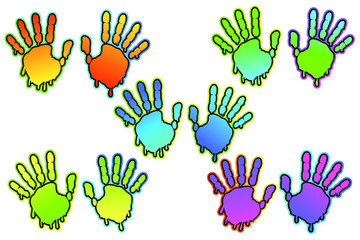 Set of Cheerful rainbow handprints traces. Bright background. Halloween neon print. For printing on textiles and more.