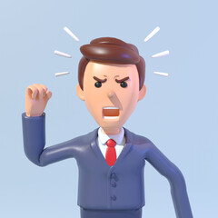 3d render of an angry businessman shouting, and showing fist. Angry boss displeased with results