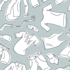 Men's summer clothing, T-shirts, shorts, polos. Outline. Seamless vector pattern.