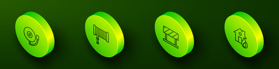 Set Isometric line Ringing alarm bell, Fire hose reel, Road barrier and burning house icon. Vector