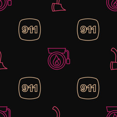Set line Firefighter axe, Emergency call 911 and Ringing alarm bell on seamless pattern. Vector