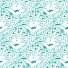 Cute white flowers on a blue background. Seamless pattern. Vector floral illustration. 