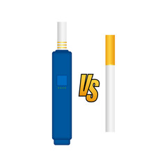 Smoking vs Vaping. Electronic Cigarette or Vaporizer Device and Tobacco Cigar. Vector illustration.