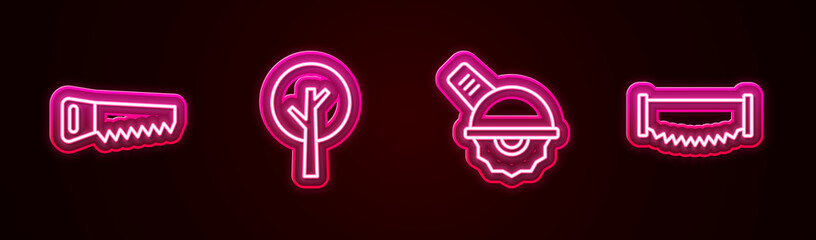 Set line Hand saw, Tree, Electric circular and Two-handed. Glowing neon icon. Vector