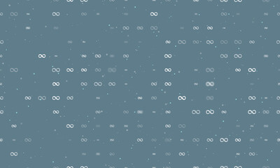 Seamless background pattern of evenly spaced white infinity symbols of different sizes and opacity. Vector illustration on blue grey background with stars