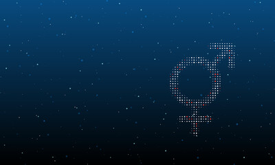 On the right is the bigender symbol filled with white dots. Background pattern from dots and circles of different shades. Vector illustration on blue background with stars