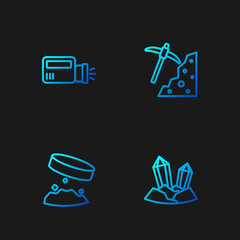 Set line Gem stone, Giant magnet holding iron dust, Flashlight and Pickaxe. Gradient color icons. Vector
