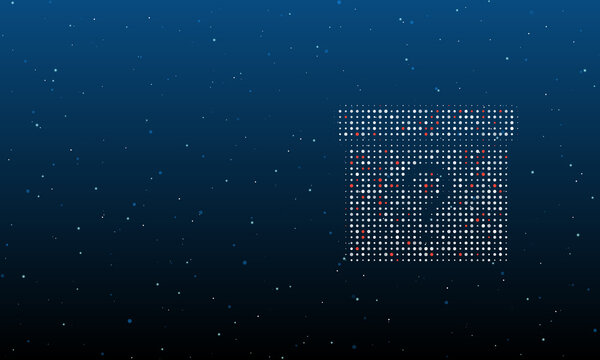 On the right is the gift box with a question symbol filled with white dots. Background pattern from dots and circles of different shades. Vector illustration on blue background with stars