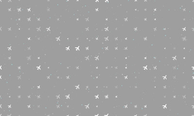 Seamless background pattern of evenly spaced white plane symbols of different sizes and opacity. Vector illustration on grey background with stars