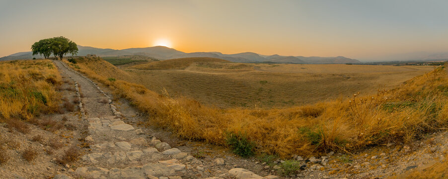 Sunset panorama of Hula Valley landscape, viewed from Tel Hazor