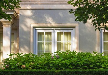 A window of an old upscale private home with flower beds and trees in the foreground