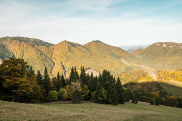 View from Mala Fatra national park. Panoramic mountain landscape in Slovakia near Terchova. Autumn colors of nature.