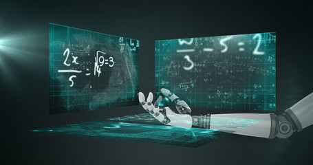 Globe of network of connections over robotic hand against screens with mathematical equations