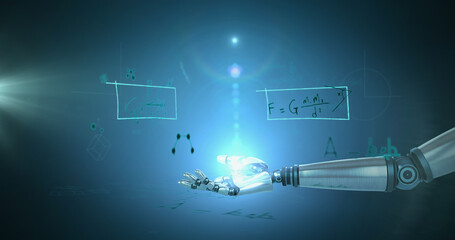 Spot of light over robotic hand against mathematical equations floating on blue background