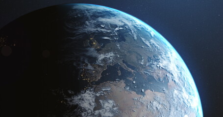 Image of earth seen from space, the globe spinning on seamless loop satellite view on dark backgroun