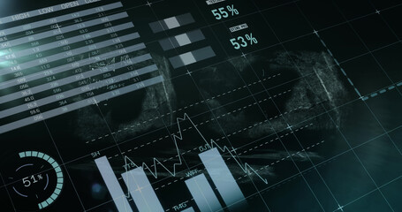 Mathematical equations floating against statistical data processing against black background