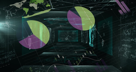 Mathematical equations floating against statistical data processing against black background