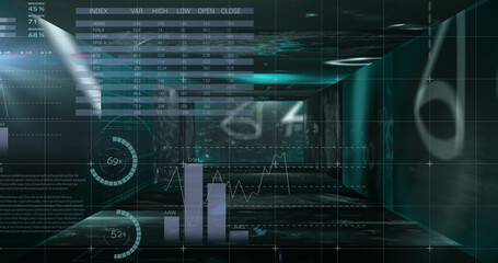 Mathematical equations floating against statistical data processing against black background