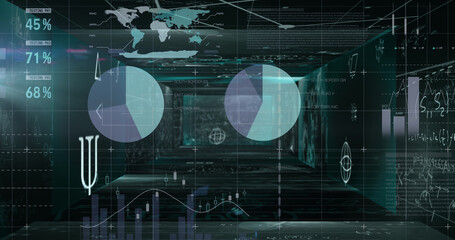 Mathematical equations floating against statistical data processing against black background