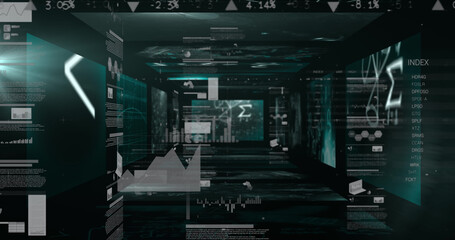 Mathematical equations floating against statistical data processing against black background