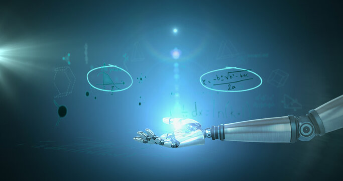 Spot of light over robotic hand against mathematical equations floating on blue background