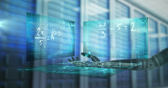 Globe over robotic hand and screens with mathematical equations against computer server room - Powered by Adobe