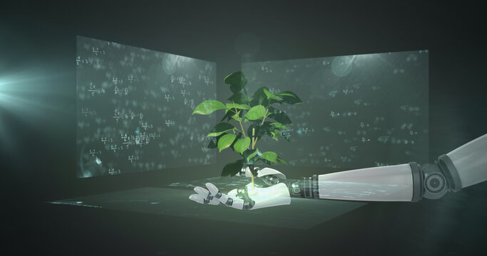 Plant over robotic hand against screens with mathematical equations on black background