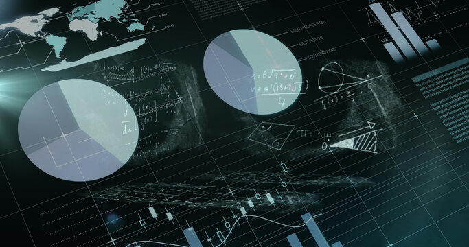 Mathematical equations floating against statistical data processing against black background - Powered by Adobe