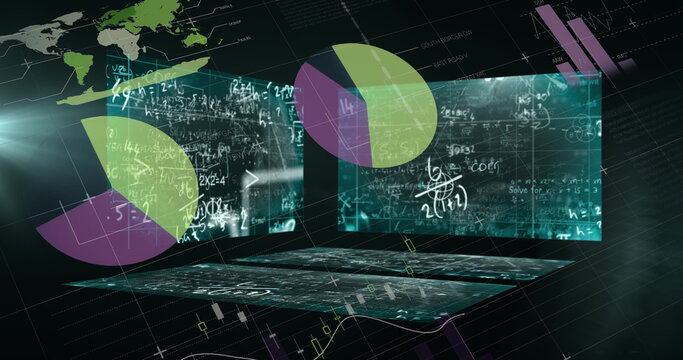 Mathematical equations floating against statistical data processing against black background