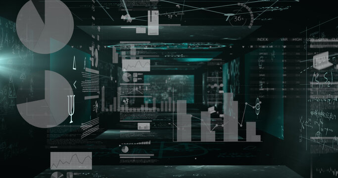 Mathematical equations floating against statistical data processing against black background