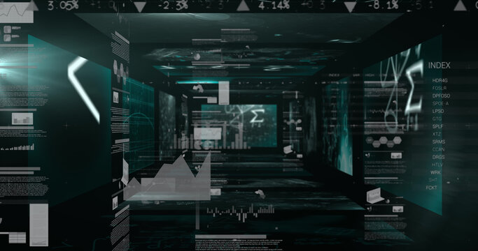 Mathematical equations floating against statistical data processing against black background