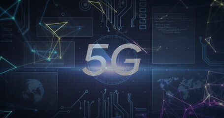 Image of 5g text over scopes scanning and data processing with globe and world map on screens