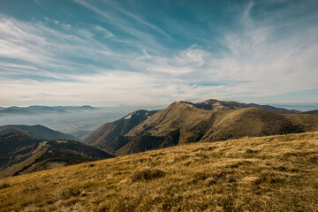 Fototapeta premium View from Mala Fatra national park. Panoramic mountain landscape in Slovakia near Terchova. Autumn colors of nature.