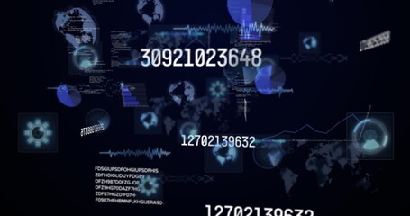 Image of numbers changing and data processing on screens over world map