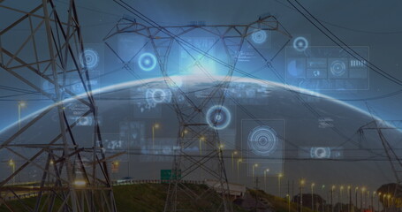 Image of scope scanning and data processing on screens over electric pylons and globe