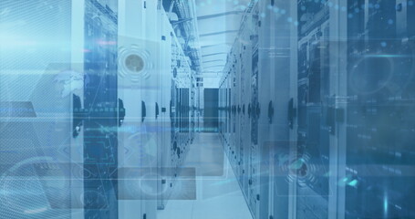 Image of scope scanning and data processing on screens over computer servers