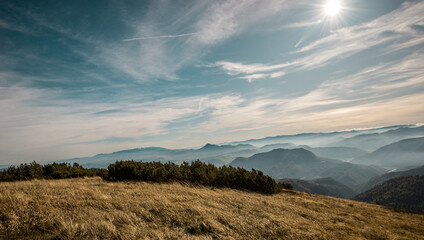 View from Mala Fatra national park. Panoramic mountain landscape in Slovakia near Terchova. Autumn colors of nature.