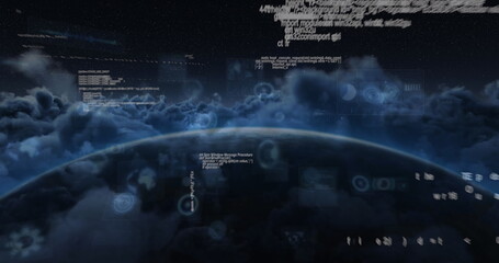 Image of scopes scanning and data processing on screens over globe and clouds