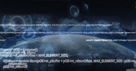 Image of scopes scanning and data processing on screens over globe and clouds