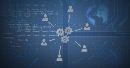 Image of network of icons over scopes scanning and data processing on screens