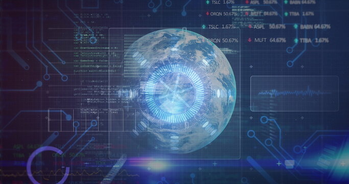 Image of scope scanning and data processing on screens over globe
