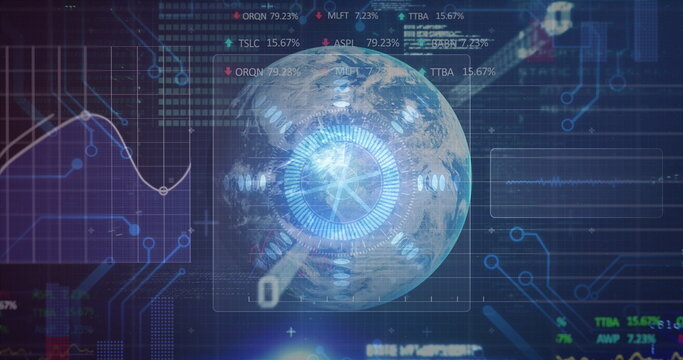 Image of scope scanning and data processing on screens over globe