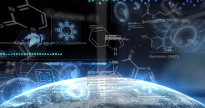 Image of scientific data processing and scopes scanning on screens over globe and sun
