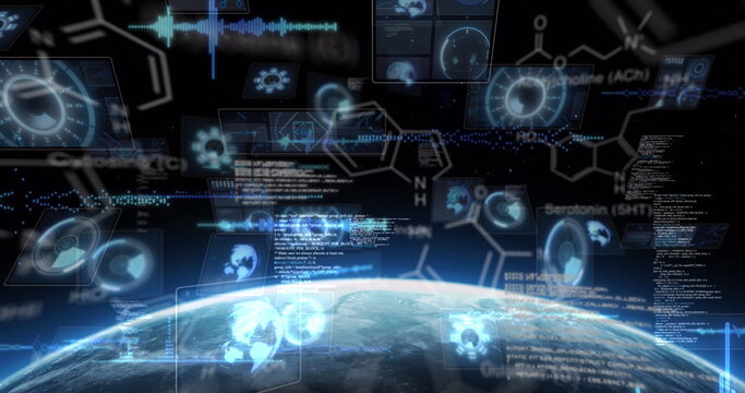 Image of scientific data processing and scopes scanning on screens over globe and sun