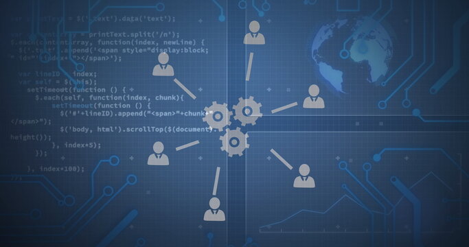 Image of network of icons over scopes scanning and data processing on screens